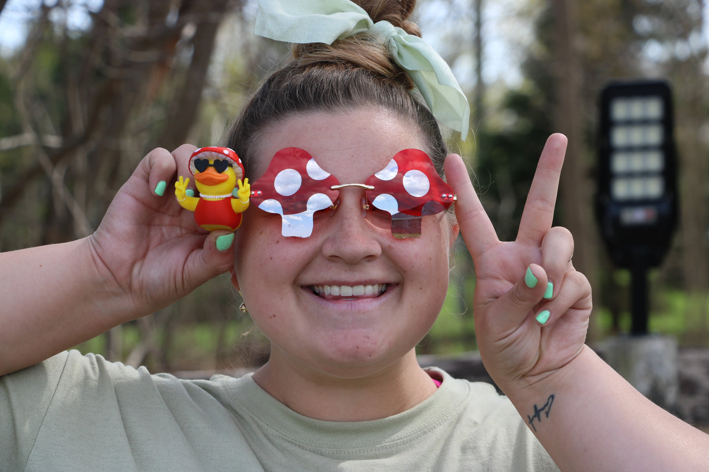 Mushroom Duck with Heart Glasses – Cottagecore, Hippie Gift, Jeep Duck Accessory