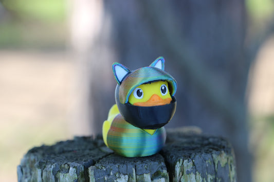 Biker Duck with Cat Ears & Helmet – Handmade Jeep Gift, Cosplay Collectible